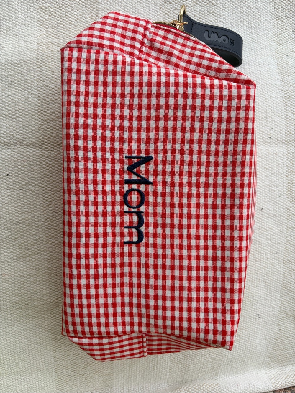 UNO de 50 Red and White Gingham Travel Pouch with Navy Logo Tag